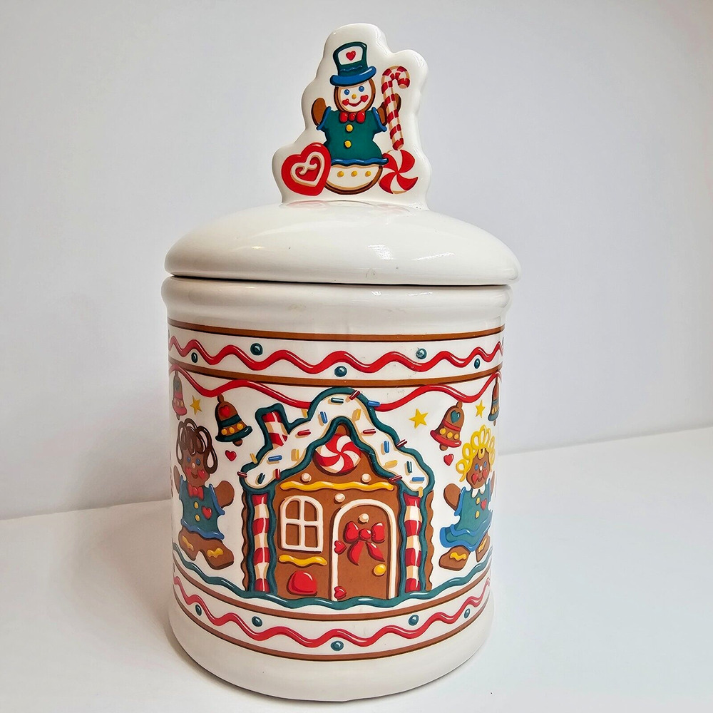Teleflora Gingerbread Man/House Christmas Cookie Jar Canister Snowman Lid Vtg